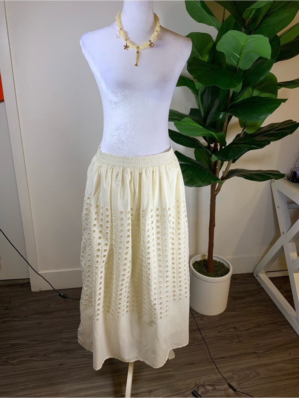 Jennifer n Grace Cream Eyelet Maxi Skirt with Elastic Waist
